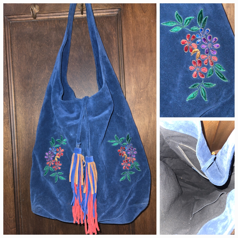 Blue Embroidered Suede Bag